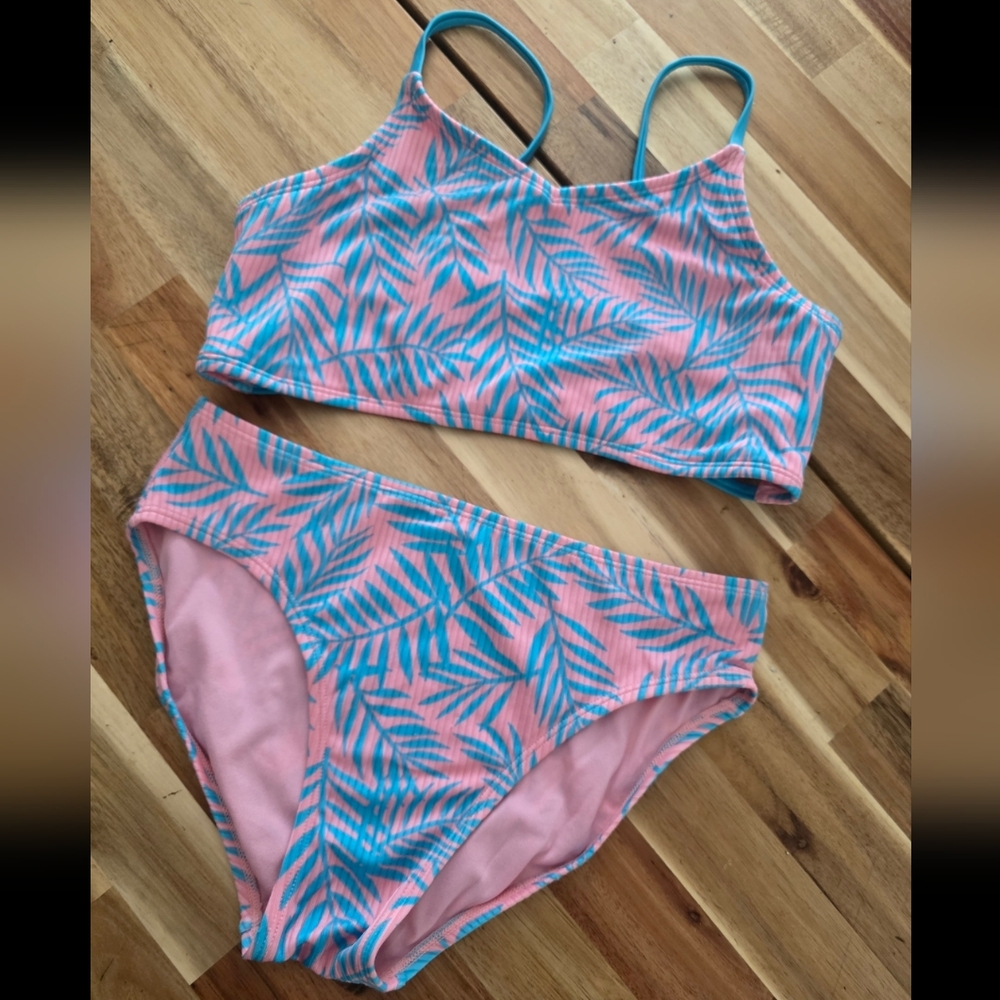 Art Class Pink and Blue Tropical Print Kids Bikini